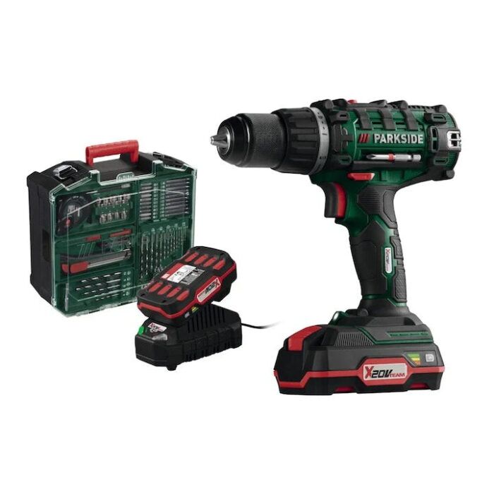 20 V Cordless Drill Set with 2 Batteries, Charger and Accessories